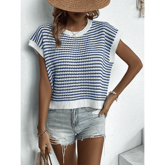 Womens Crew Neck Casual Sweater Short Sleeve Trendy Spring Summer Top Comfortable Pullover Blue L