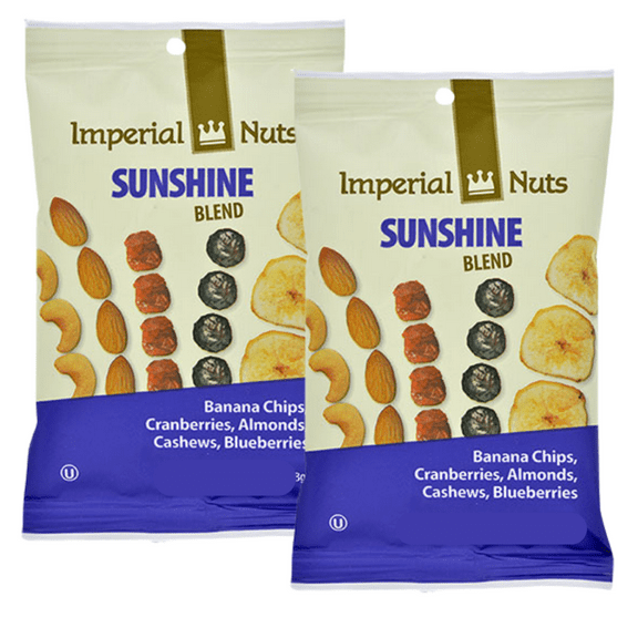 Imperial Nuts Sunshine Blend Antioxidant Snack Mix 2.25oz, Made from Banana Chips, Cranberries, Almonds, Cashew & Blueberry On the-Go Snacks Great For Halloween Trick or Treats Pack of 2