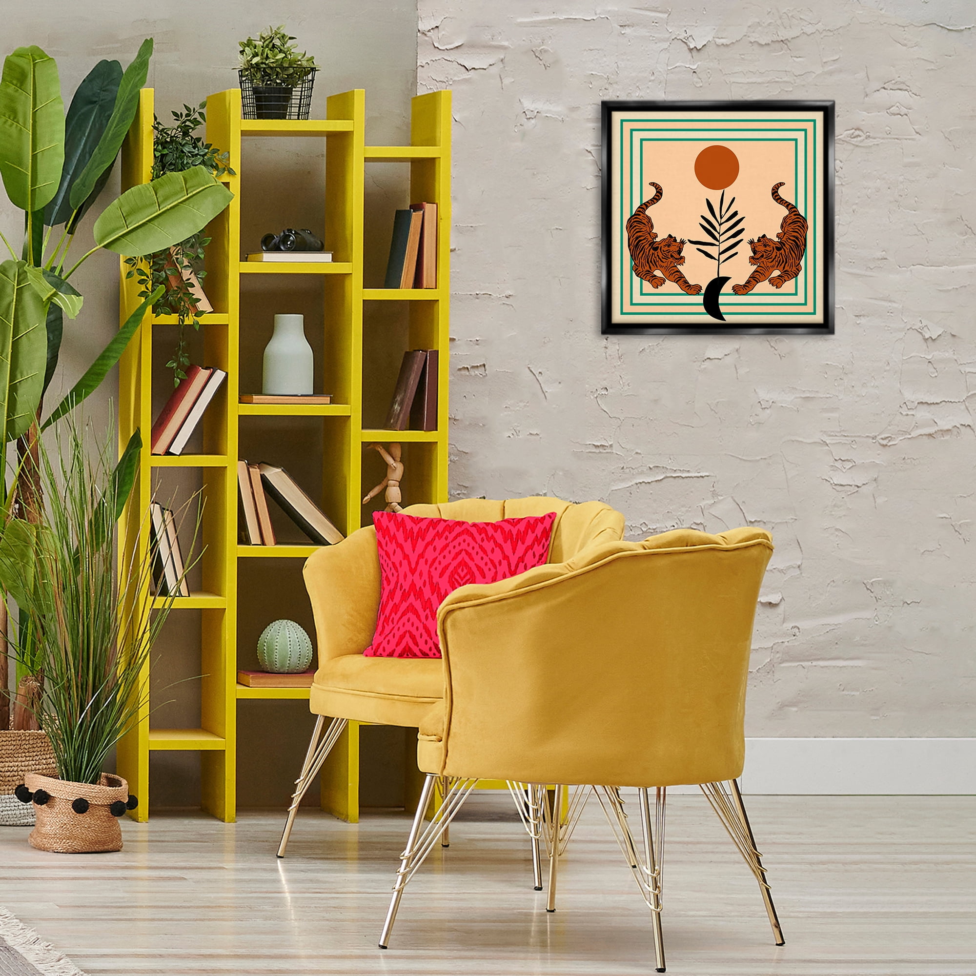 Stupell Industries Symmetrical Tropical Tigers Animals Painting Black Floater Framed Canvas Art Print Wall Art, 18 x 18