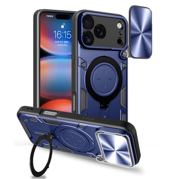 Heavy Duty Case For iPhone 17 Pro Max 6.9 inch, Camera Lens Sliding Cover With Hidden Bracket Magnetic Car Mount Holder, Rugged PC TPU Hybrid Military Grade Shockproof Lens Protection Case,Blue