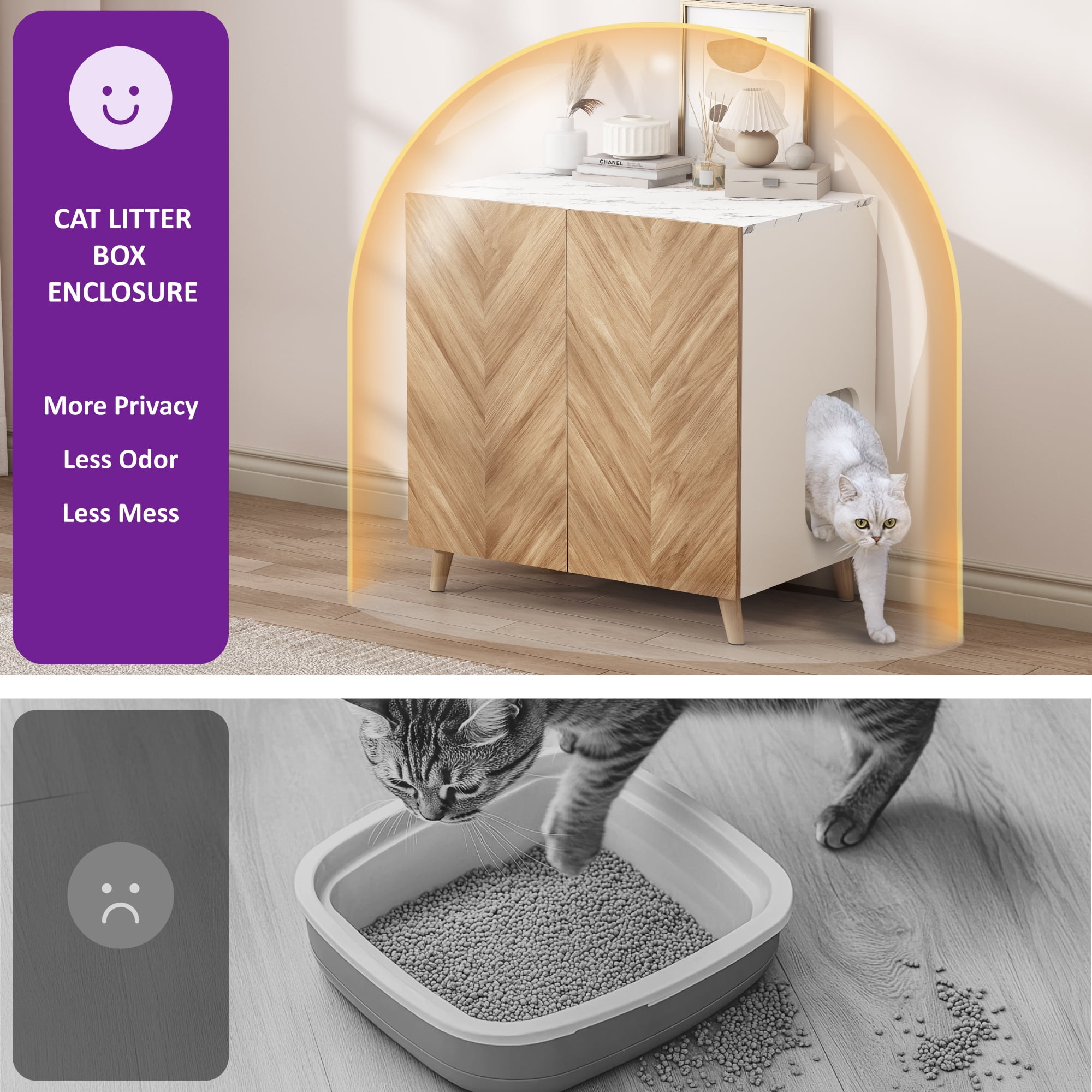 WHIFEA 32" Wooden Cat Litter Box Enclosure - Hidden Cat Washroom with Ventilation & Deep Design, Fits Most Litter Boxes for Living Room, Bedroom