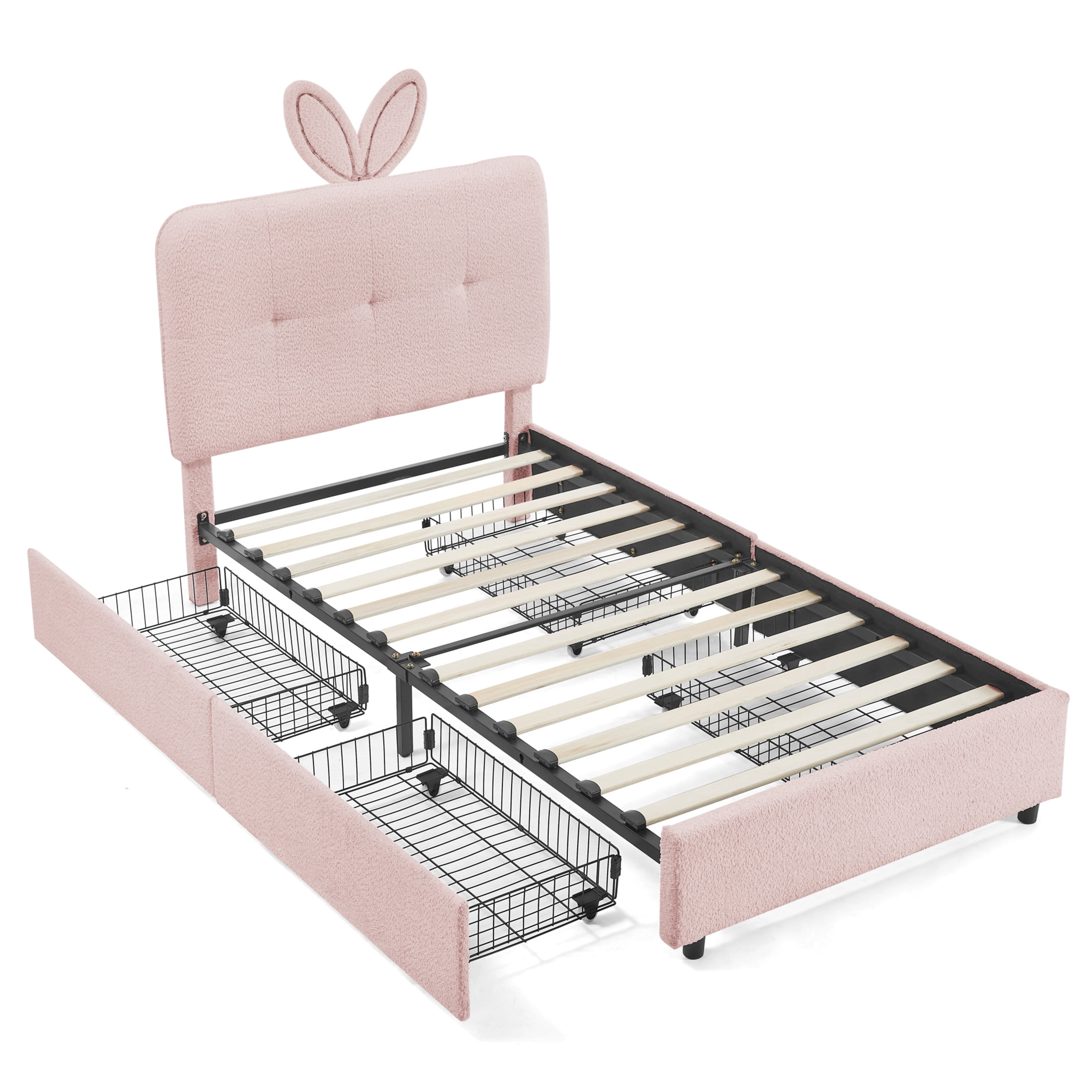 Noble House Bertis Twin Size Boucle Kids Bed, Rabbit Ear Headboard Bed Frame with LED Light and Storage Drawers, Pink