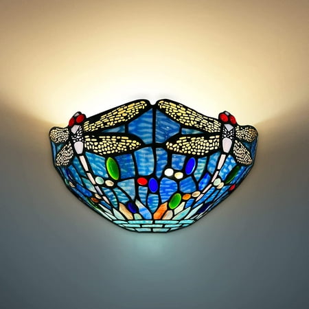 

HUIXIAN Tiffany Wall Sconces 12 Wide Stained Glass Vintage Dragonfly Style Wall Light for Hallway Stairway Bedroom