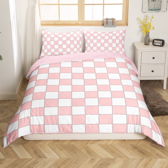 Erosebridal White Pink Plaid Comforter Cover Queen Light Pink Checkerboard Bedding Set Teen,Modern Aesthetic Geometric Bed Set Room Decor Zipper(No Comforter)