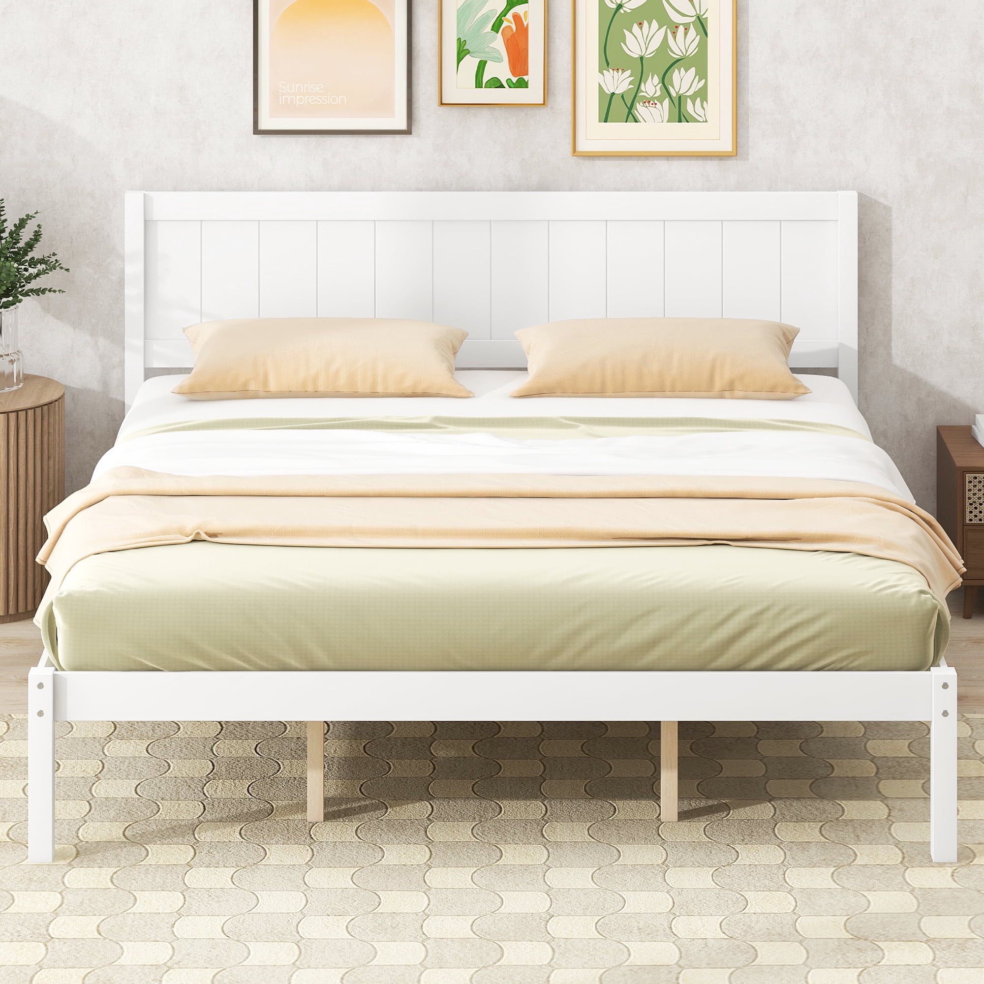Euroco King Size Wood Platform Bed with Headboard and Slats, White