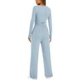 thumbnail image 3 of Women's 2 Piece Matching Lounge Set Long Sleeve Side Ruching Top Wide Leg Drawstring Pants Set with Pockets Sky Blue L, 3 of 6