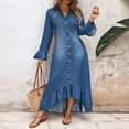 thumbnail image 2 of Women's Plus Size Long Denim Dress, Flare Sleeve Button Front Ruffle Hem Maxi Dress, Fall Casual Commute Wear, 2 of 6