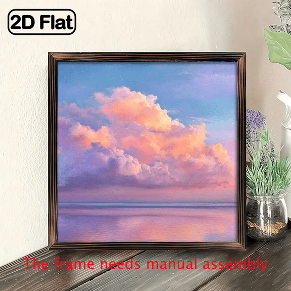 2D Flat, 1Pc Wood Frame Sign Pastel Sunset Ocean, Tranquil Seascape Square Wall Art Paintings Ideal Gift For Living Room Bedroom Corridor Wall Decor Room Decoration Ready to Hang 8x8inch