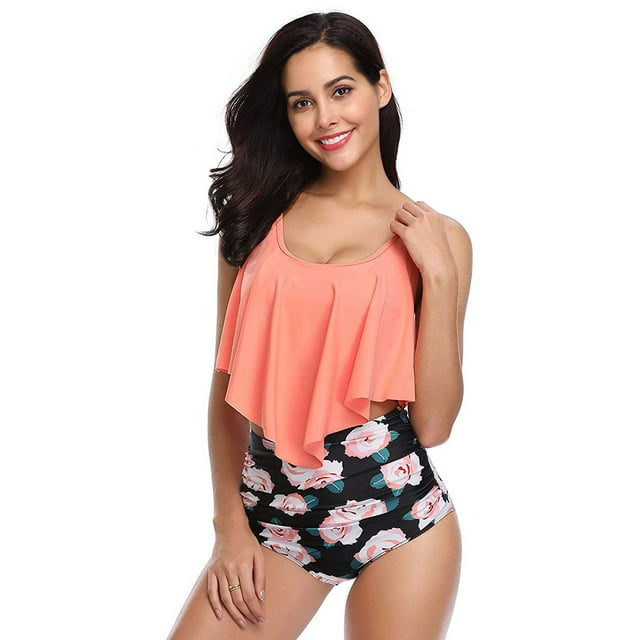 Womens High Waisted Tankini Swimsuits 2 Piece Tummy Control Floral Ruffle Flounce Bikini
