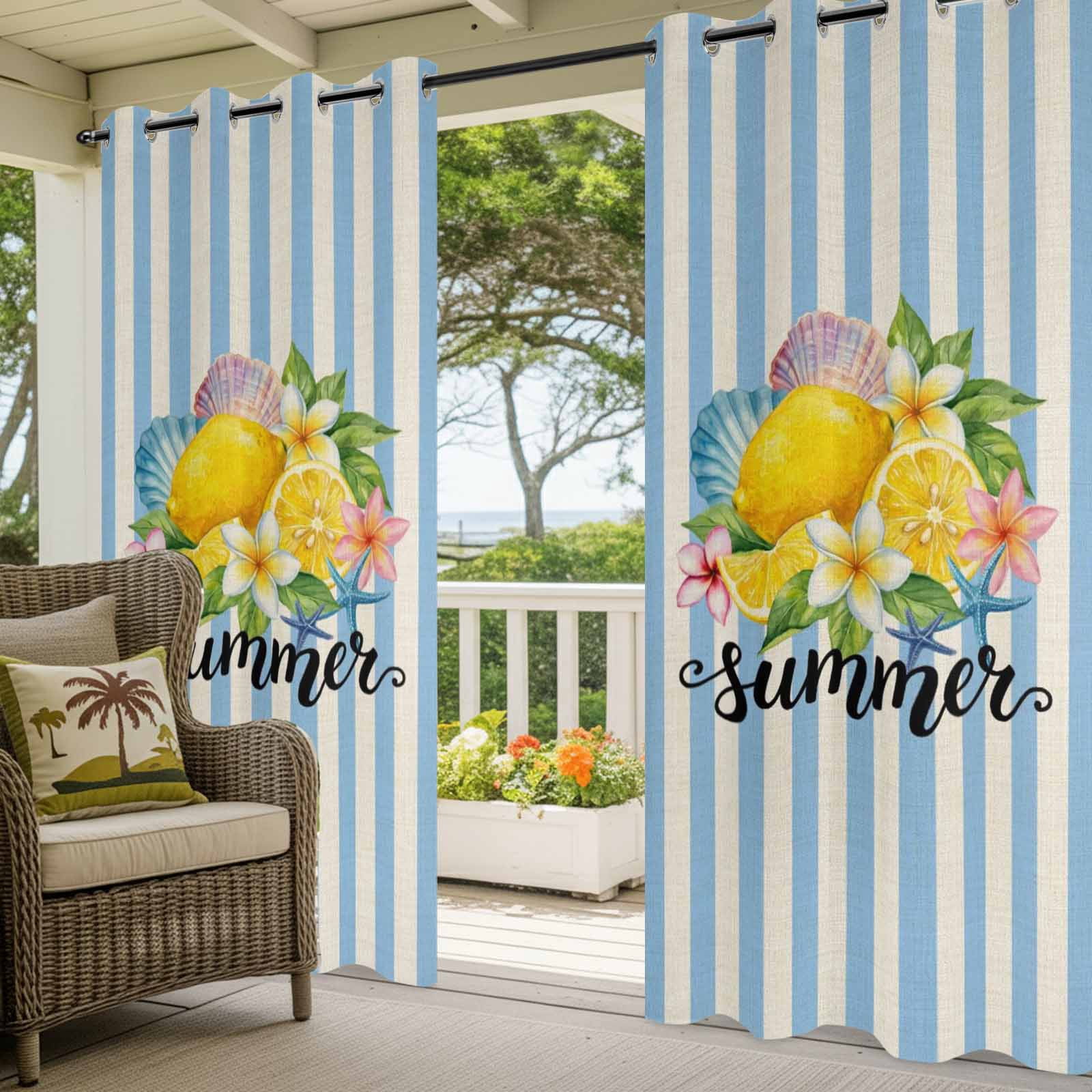 Lemon Summer Outdoor Curtains for Patio, Fruit Starfish Shell Blue Stripes Retro Sunshade Privacy Drapes Grommet Waterproof Outside Curtains for Porch/Cabana/Balcony 54"x 108", 1 Panel