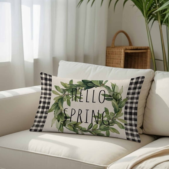 Hello Spring Leaves Wreath Throw Pillow Covers, Decorative Pillow Covers With Hidden Zipper Soft Brushed Microfiber Fabric, Classic Black Buffalo on Burlap Pillowcases for Couch Bed 20x26in
