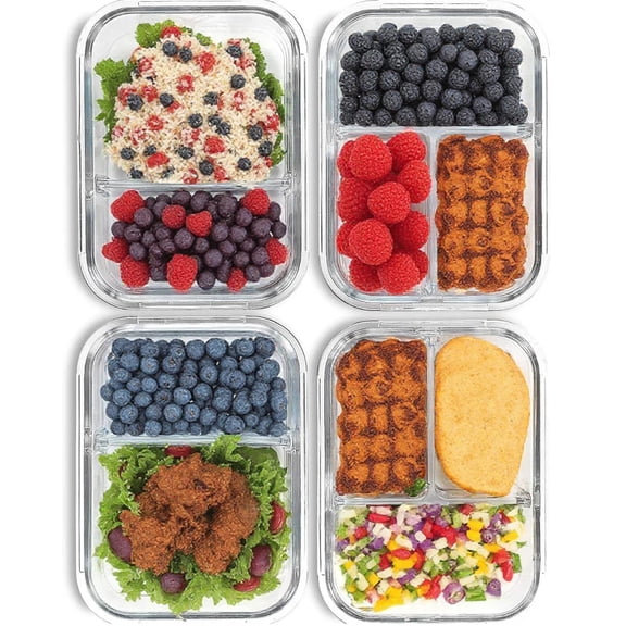 8 Pcs Glass Food Storage Containers with Lids, 2 & 3 Compartment Glass Airtight Meal Prep Containers (4 Containers & 4 Lids), Oven & Freezer Safe, Leak Proof