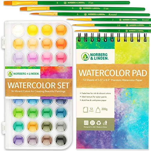 Watercolor Paint Set - 36 Premium Paints - 12 Page Pad - 6 Brushes - Painting Supplies with Palette, Watercolors, Art Pad Paper and Artist Brushes for