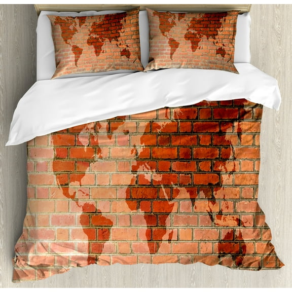 Brick Wall Duvet Cover Set, Brick Wall with World Atlas Map Reflection Pattern Contemporary, Decorative 3 Piece Bedding Set with 2 Pillow Shams, King Size, Orange, by Ambesonne