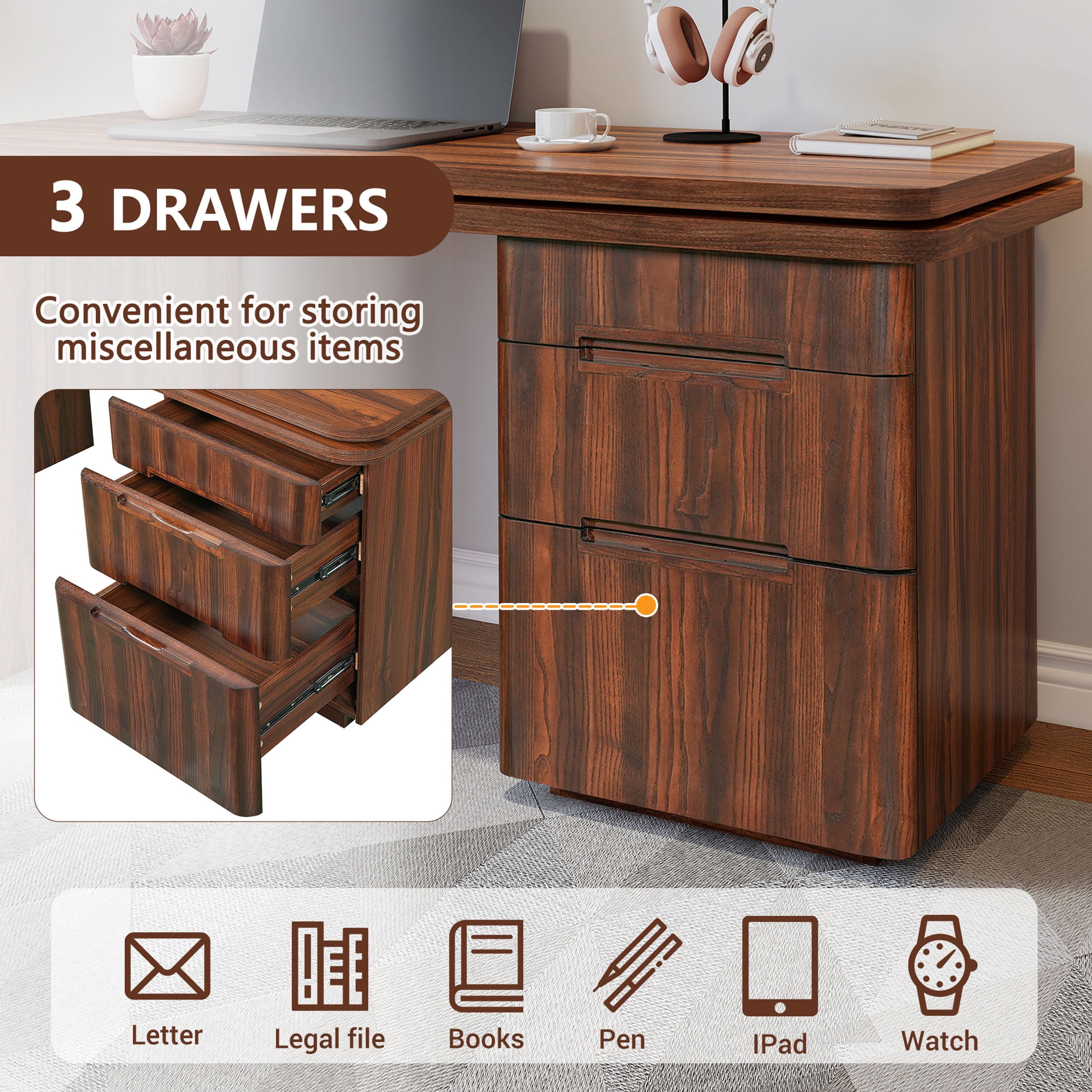 GDF Studio Morad 90" Modern 360° Rotating L-Shaped Executive Desk with Storage Drawers, Corner Workstation, Walnut