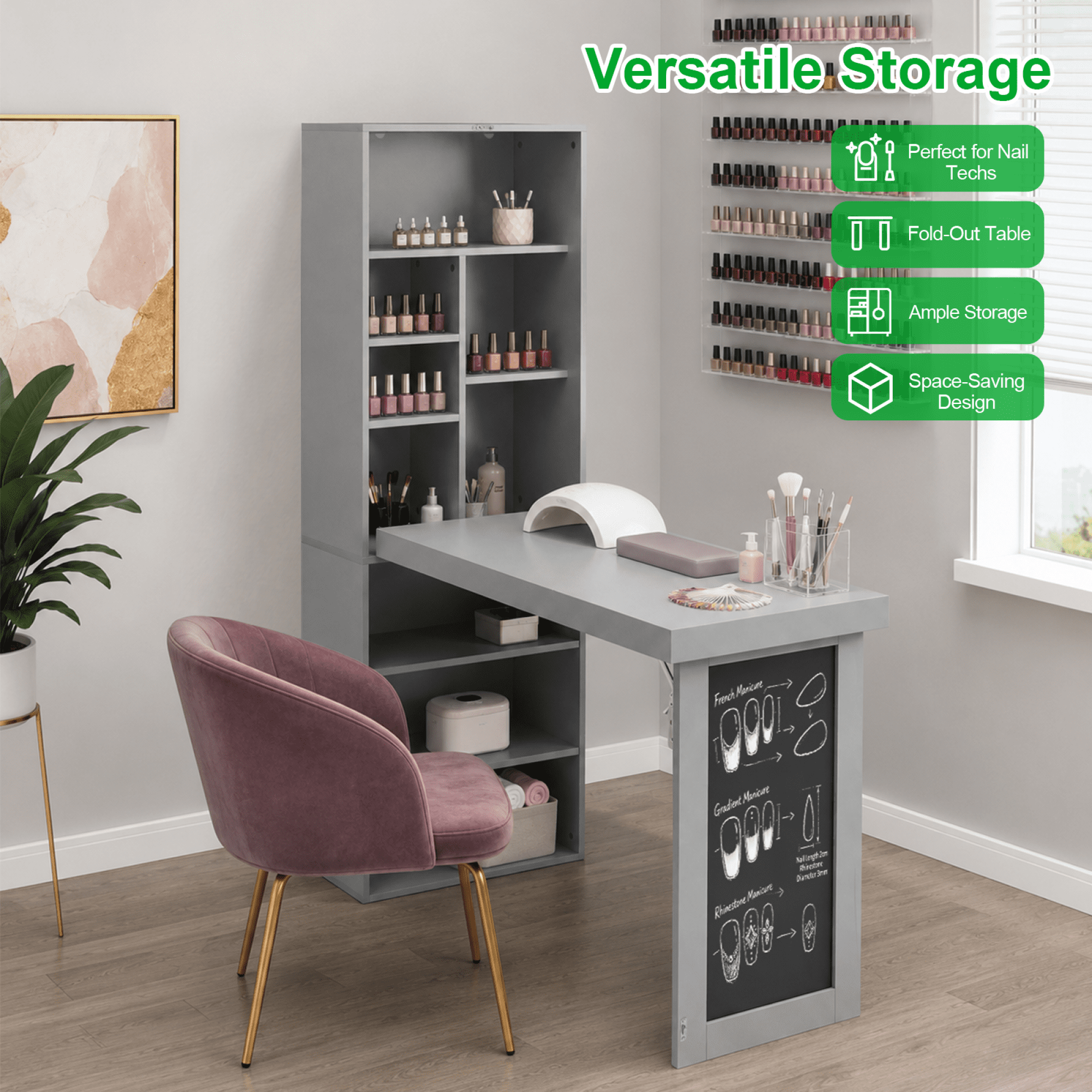 Leumius Folding Desk with Storage,Fold-Out Wall Mounted Computer Desk with Storage Shelves, Convertible Folding Writing Desk Cabinet with Chalkboard, Space-Saving Home Office Desk,Gray