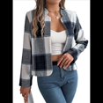 thumbnail image 2 of Chaqueta Corta A Cuadros para Mujer, Camisas de Larga con Botones y Tops Azul Marino M, 2 of 9