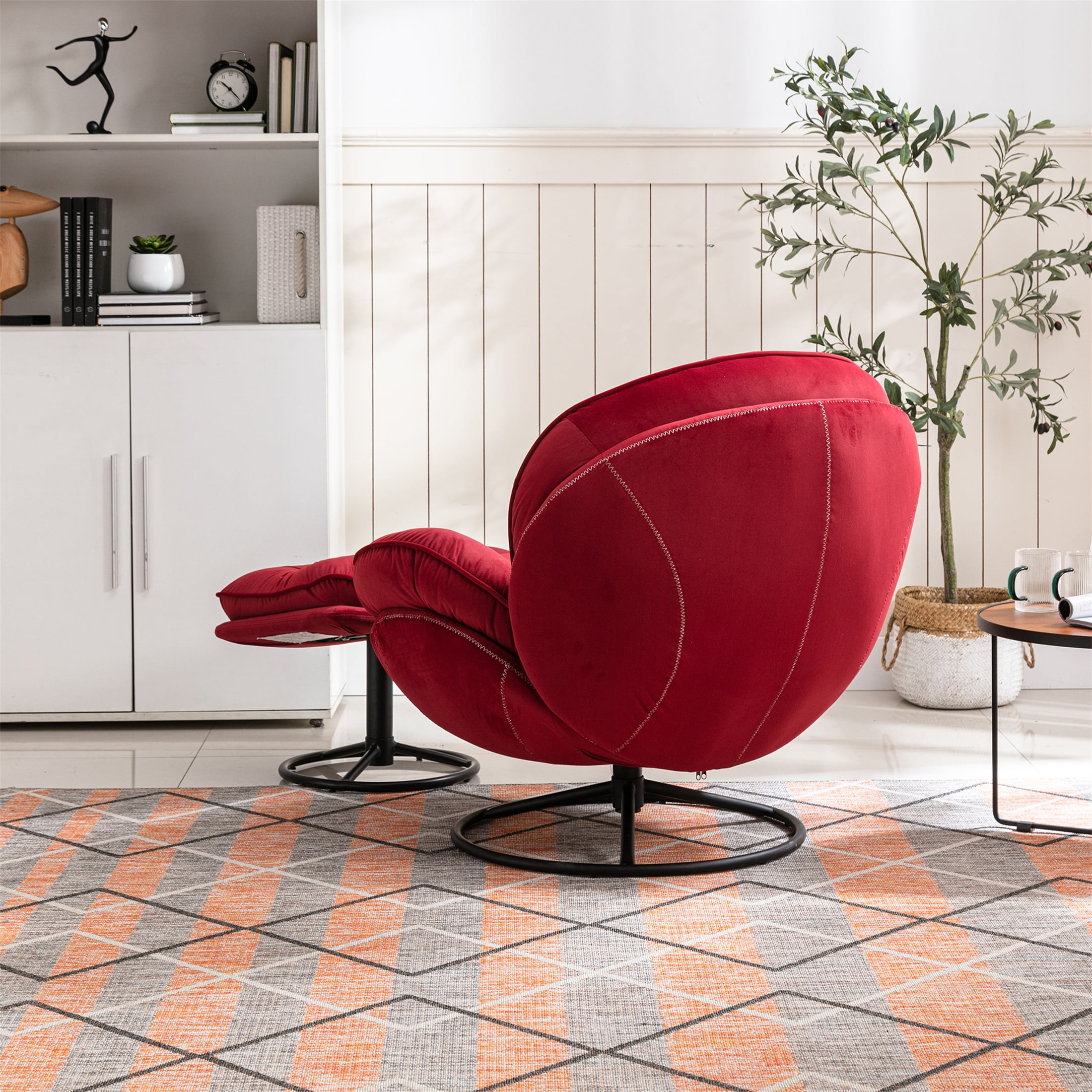 Aukfa Swivel Accent Chair with Ottoman- Tufted Back- Velvet Reading Chair for Living Room - Red