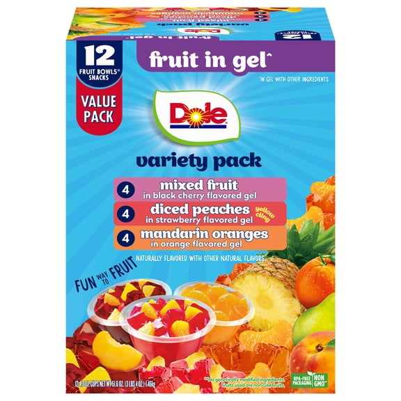 Dole Fruit Bowls Peaches, Mandarin Oranges, and Mixed Fruit in Gel, 4.3 oz Cups (12 Pack)