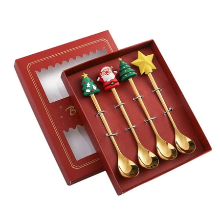 

4PCS Stainless Steel Christmas Spoon Gift Set Dessert Spoon Fork Coffee Spoon Christmas Pendant Spoon Tableware Set