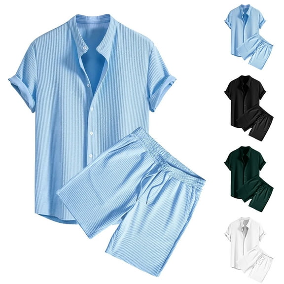 VBTAPA Men's Linen Sets 2 Pieces Summer Vacation Beach Party Outfits Short Sleeve Button Down Shirts and Shorts Set Sales of Today Black XXXL