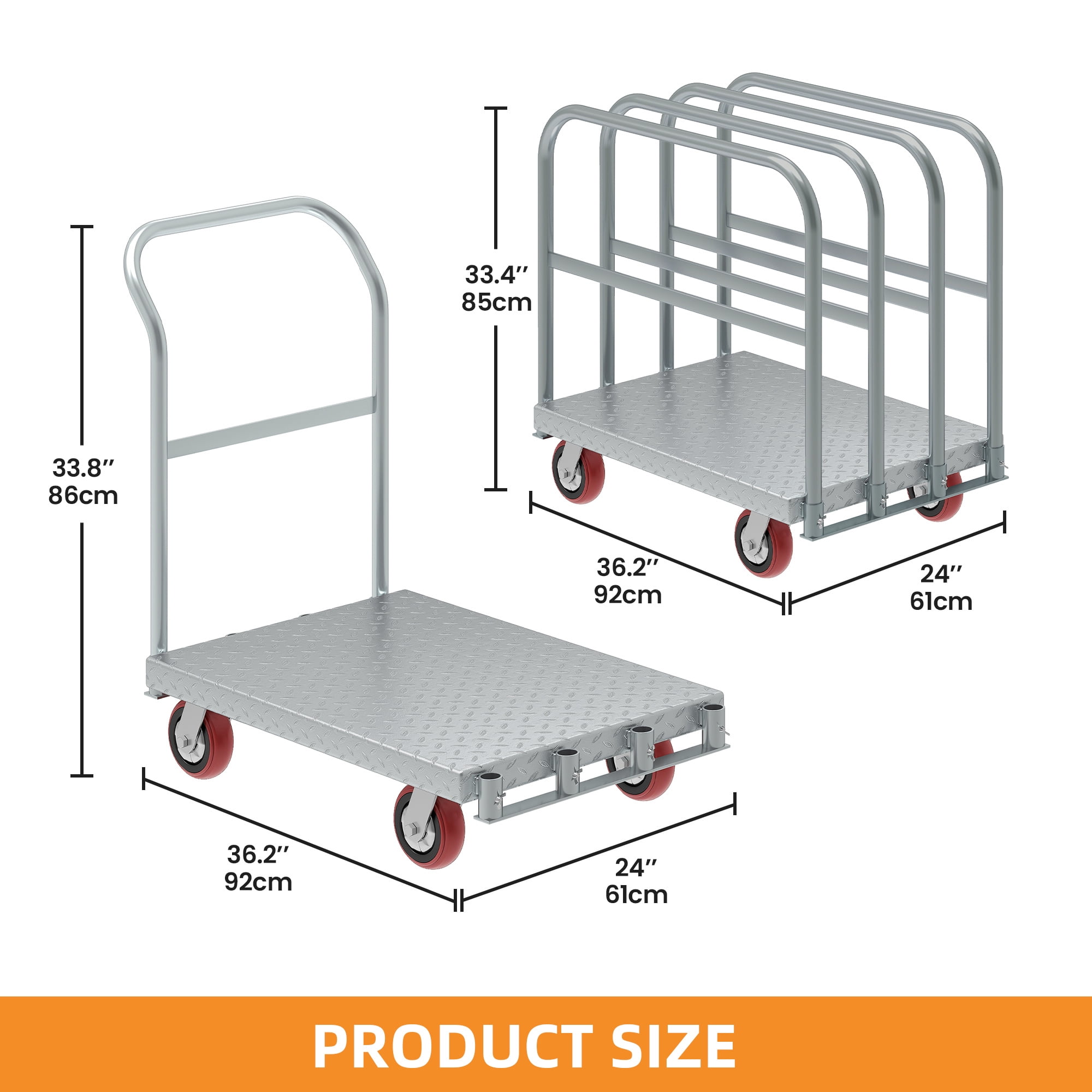 Uforic 2-in-1 Heavy-Duty Panel Cart with 4 Side Handrails and 4 Rubber Swivel, 2200Lbs Capacity, Silver Metal Construction, 91.5×61×84CM