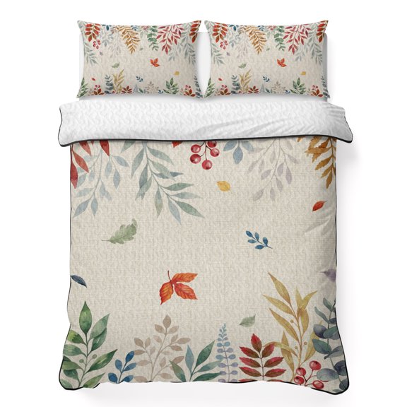 Twin Quilt Bedding Set Colorful Leaves Eucalyptus Leaf Lightweight Summer Quilted Coverlet for Hot Sleepers, Retro Linen Breathable Soft Cooling Blanket with 2 Pillow Shams for All Season