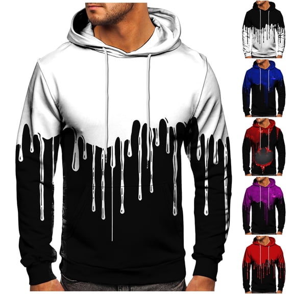 Men's Loose Fit Hoodie with Watercolor Print, Casual Long Sleeve Pullover Sweatshirt, Soft Brushed Fleece for Streetwear, Winter Comfort, Christmas Holiday Season,Black,L