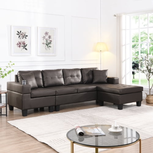 Sectional Sofa Set for Living Room with L Shape Chaise Lounge ,cup holder and Left or Right Hand Chaise Modern 4 Seat (Chocolate brown)