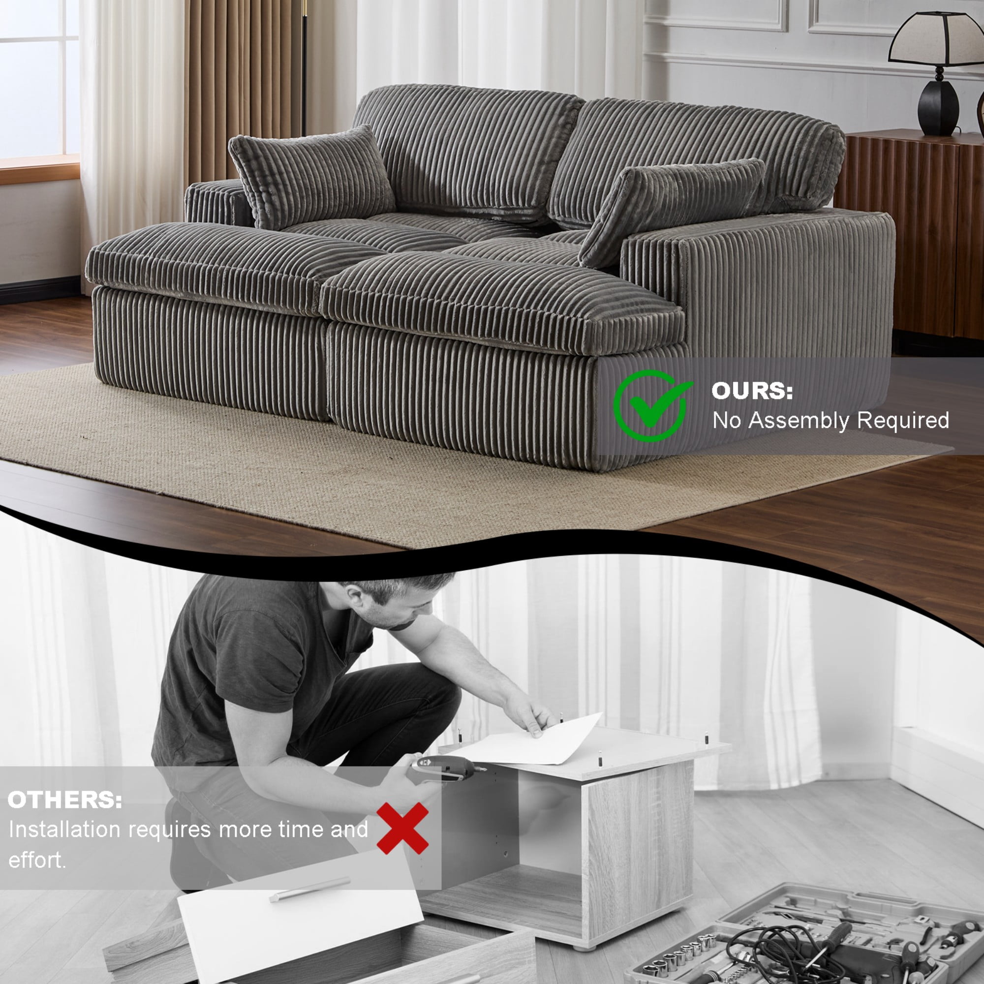 79" Oversized Sleeper Sofa Bed,Upholstered Sectional Sleeper Sofa Bed,Corduroy Sofa Bed Reading Chair for Living Room,Grey
