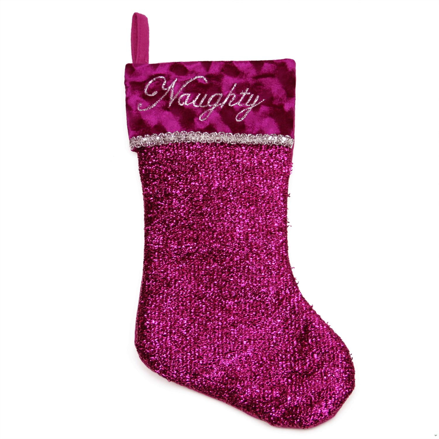17" Metallic Pink Embroidered "Naughty" christmas Stocking with Shadow