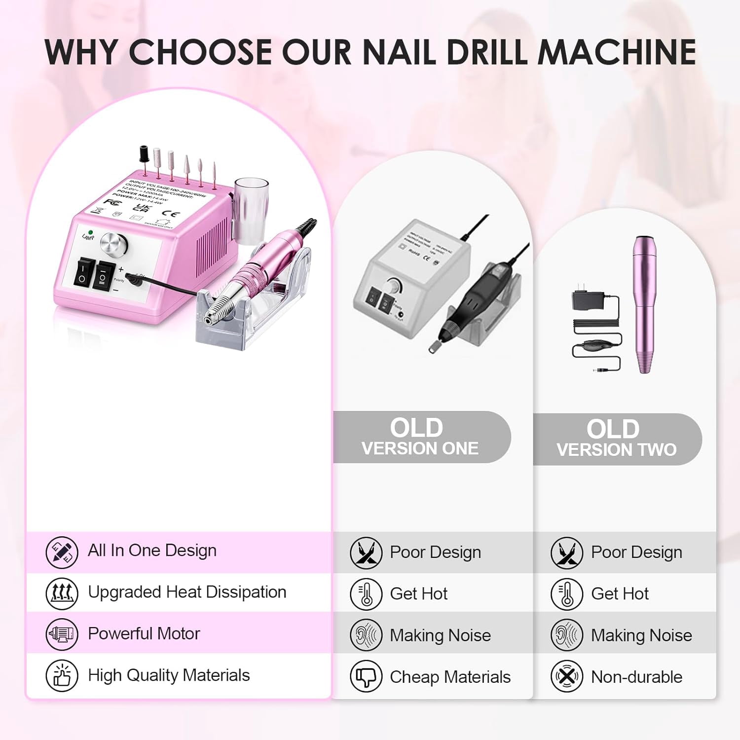 COSITTE 30,000 RPM Low-Vibration Nail Drill, Professional Acrylic Nail Remover, Home/Salon Hand and Foot Care Set-Rose Pink