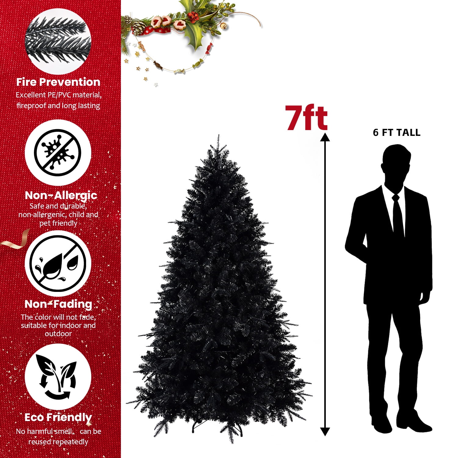 Alvantor 7ft Christmas Tree Halloween Decor PVC Artificial Tree with 450 White LED Lights & 1916 Tips for Indoor Holiday Decoration Black