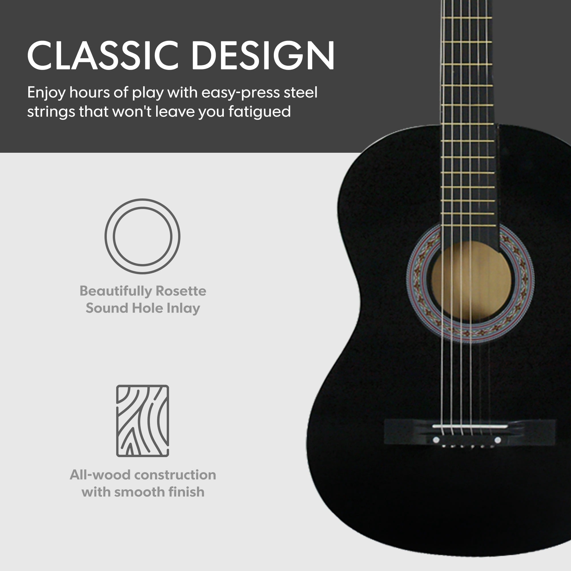 ZenSports 38-in Kids Beginner Acoustic Guitar Starter Kit 6 Strings W/Case, Strap, Tuner, Pick - Black