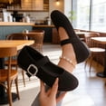 thumbnail image 2 of Womens Black Velvet Mary Jane Flats with Adjustable Buckle, Comfort Round Toe Casual Shoes for Everyday & Work,Size 5.5, 2 of 9