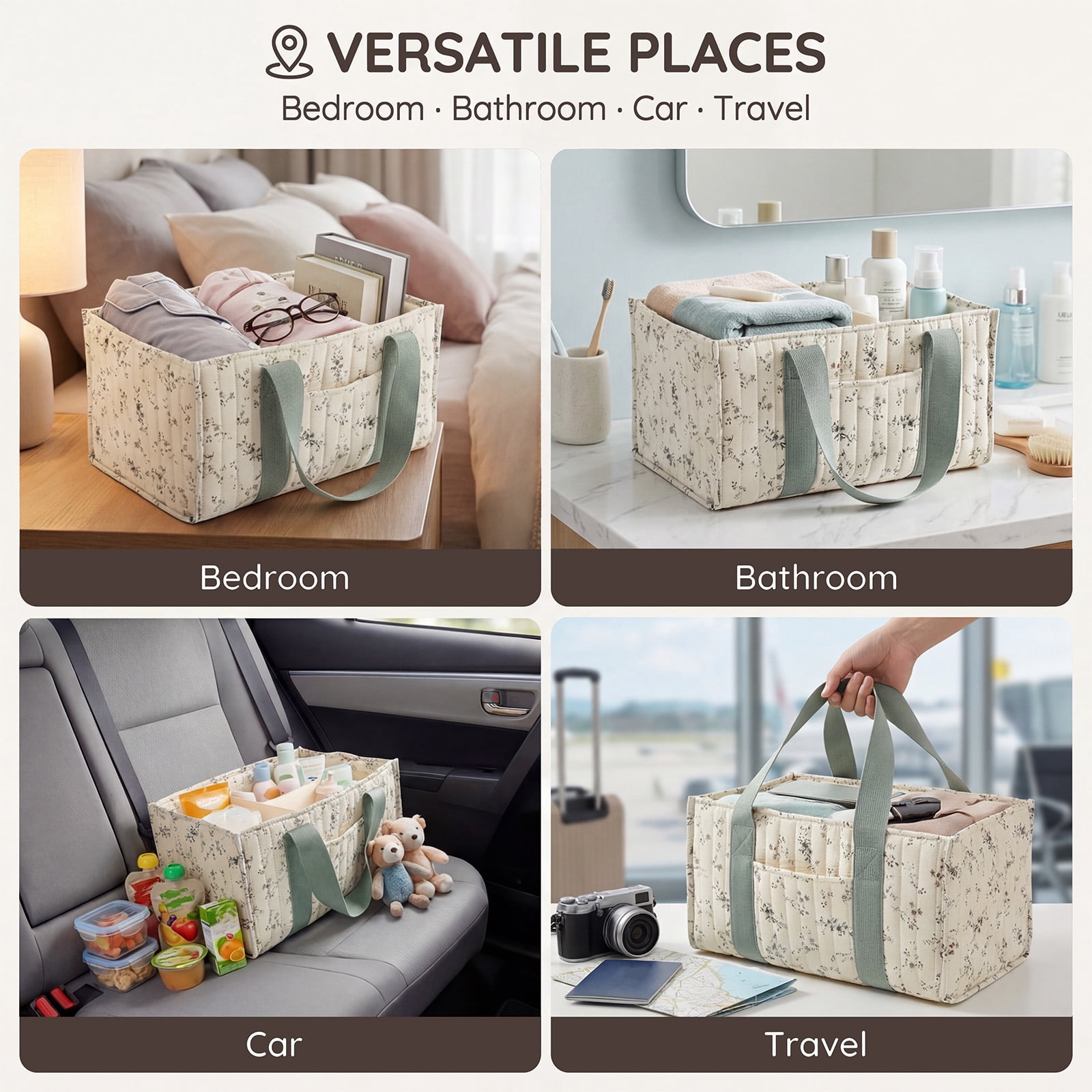 Ikoopy Floral Diaper Caddy Organizer Stylish Nursery Storage Basket Present for Baby Shower Newborn Essential Floral Beige Green