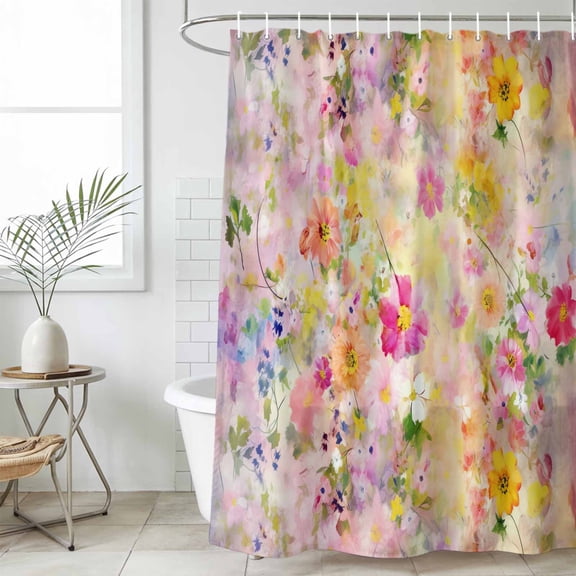 Spring Floral Waterproof Fabric Shower Curtain,Elegant Watercolor Botanical Summer Flower Waterproof Fabric Shower Curtain for Bathroom Bathtubs Shower Curtains with 12 Hooks Extra Long 72x84