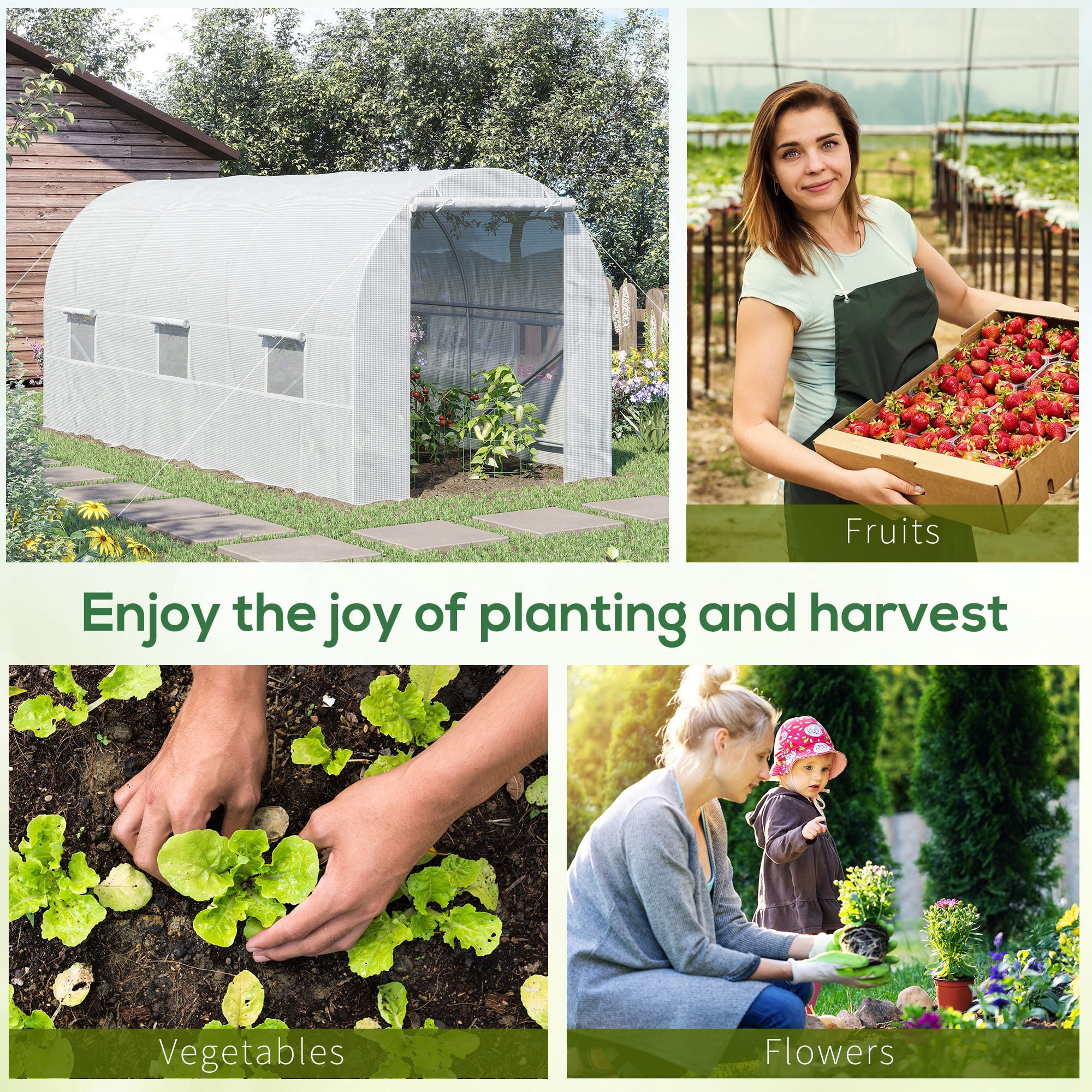 Outsunny Walk-in Tunnel Greenhouse, Roll Up Door, 15' x 7' x 7', White