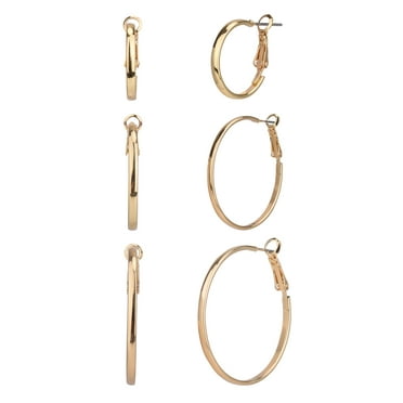Time and Tru Adult Women's 3 Pair Gold Tone Thin Metal Hoop Earring Set