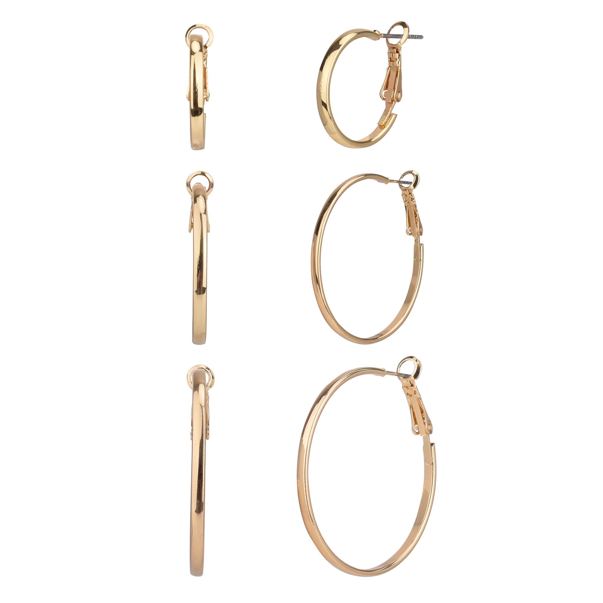 Time and Tru Adult Women's 3 Pair Gold Tone Thin Metal Hoop Earring Set