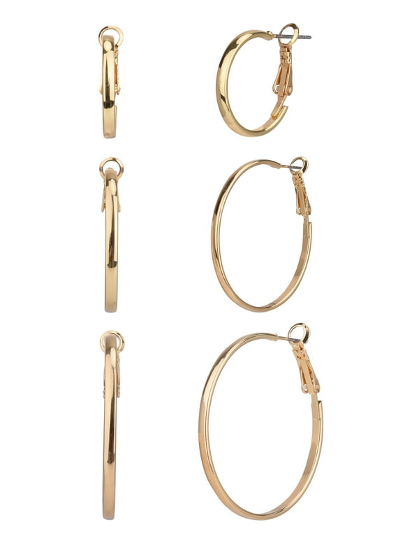 Time and Tru Gold Thin Hoop Earrings, 3 Pack