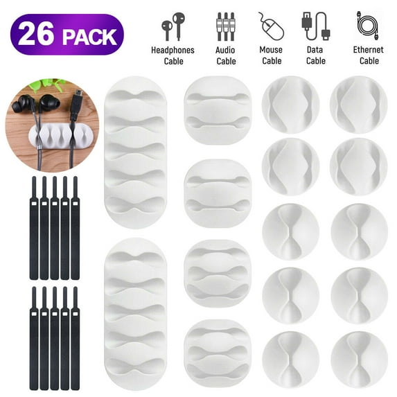 16 Pcs Cable Reel Organizer with 10 pcs Reusable Cable Ties Cord Management Charger Desktop Clip Wire Holder - White
