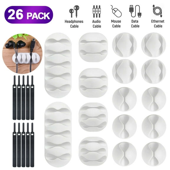 16 Pcs Cable Reel Organizer with 10 pcs Reusable Cable Ties Cord Management Charger Desktop Clip Wire Holder - White