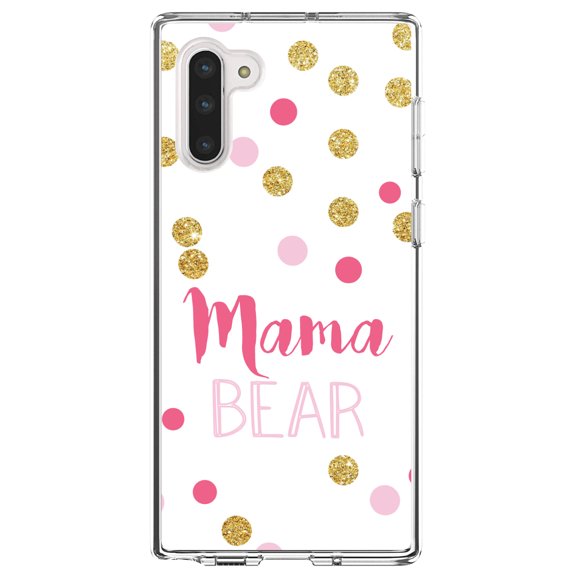 DistinctInk Clear Shockproof Hybrid Case for Samsung Galaxy Note 10 (6.3" Screen) - TPU Bumper, Acrylic Back, Tempered Glass Screen Protector - Pink White Gold "Mama Bear"