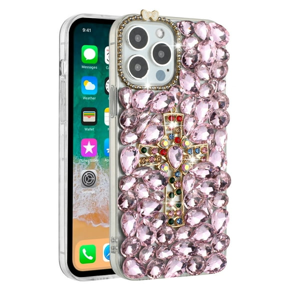 For Apple iPhone 14 Pro Max (6.7") Cross Bling Crystal 3D Full Diamonds Pearl Luxury Sparkle Rhinestone Glitter Hybrid Cover ,Xpm Phone Case [ Pink ]