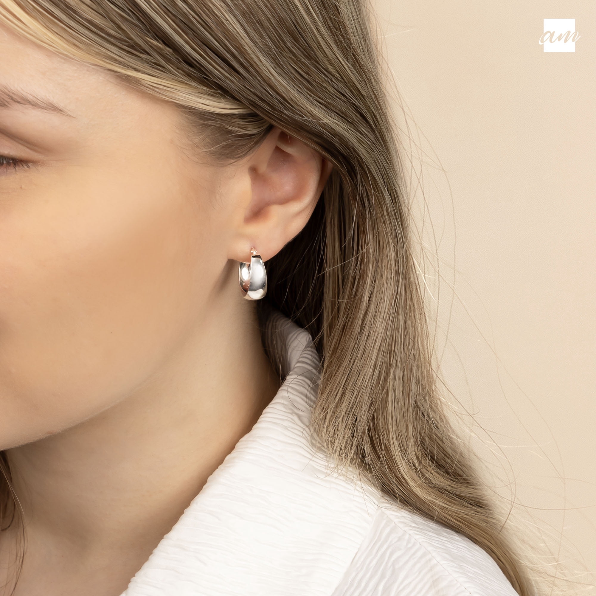 Amberta Women 925 Sterling Silver Chunky Hoop Earrings: Silver Chunky Hoop Earrings for Women 15 mm