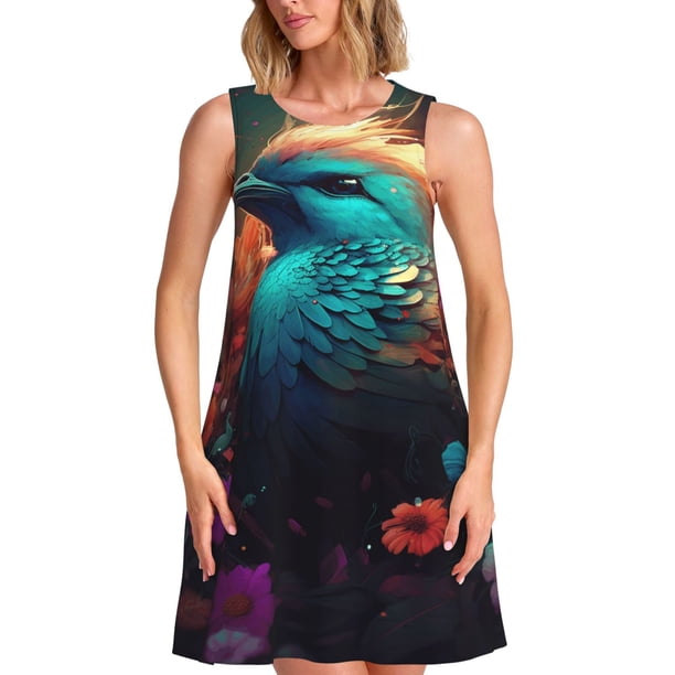 Disketp Colorful Flower Bird para Vestido sin Mangas para Mujeres, Vestidos de Verano para Mujeres, Casual y Holgado para la Playa