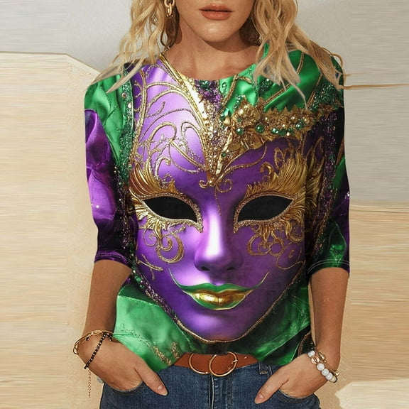 SOOMLON Mardi Gras Shirts for Women Tuesday Tshirts Carnival Themed Party 3/4 Sleeve Tops Funny Mask Graphic Shirts Oversized Round Neck Outfits New Orleans Festival Tees 2025 Multicolor M