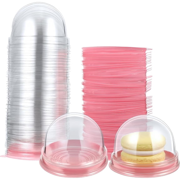 100 Set 2.75x2.75x2 inch Mini Cupcake Boxes Clear Plastic Muffin Pod Dome Muffin Single Container Box Wedding Birthday Gifts Supplies for Cheese Pastry Dessert Mooncake (round, pink)