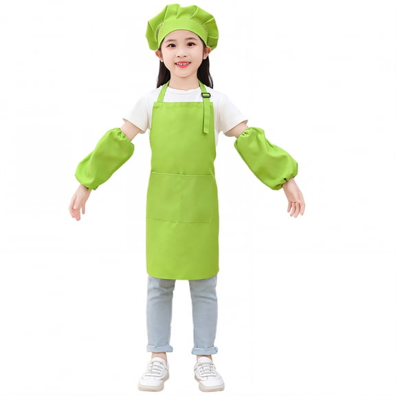 AUQ Kids Apron,Shiftable Shoulder Strap Kids Aprons for Cooking,Polyester Weave Waterproof Apron,Green
